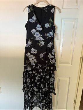 INC Black Floral High-Low Wrap Maxi Dress with Light Blue Flowers